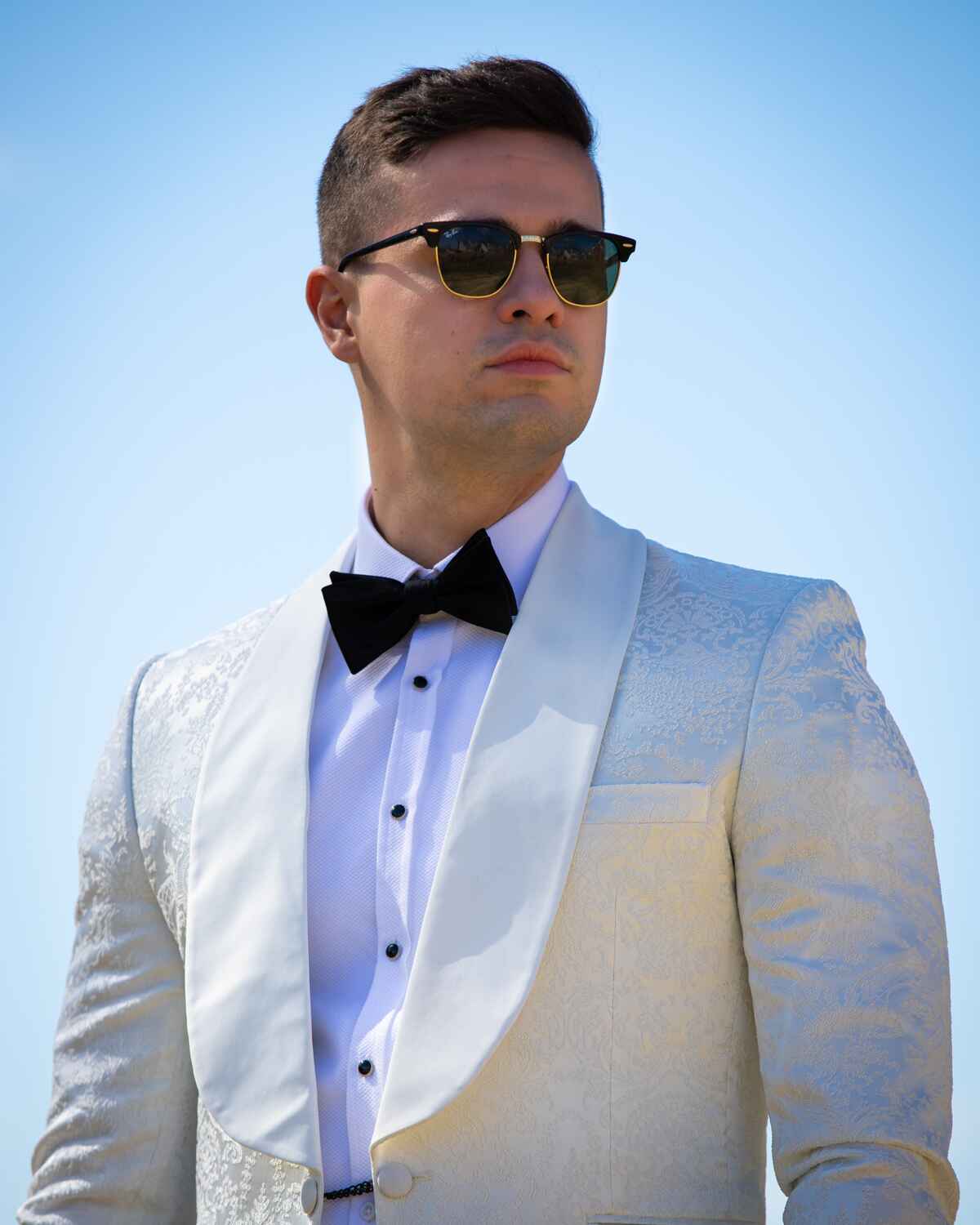 Embroided Single breasted white Tuxedo